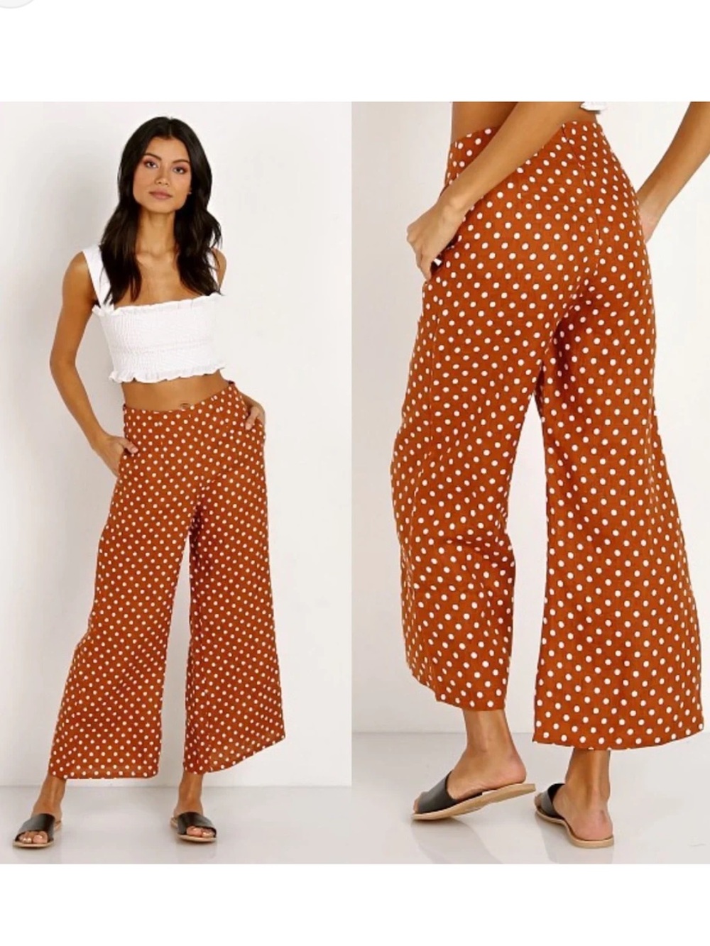 Anthro Faithfull Brown Polka Dot Wide-Leg Linen Pants Tomas Cropped pant 6 EUC
